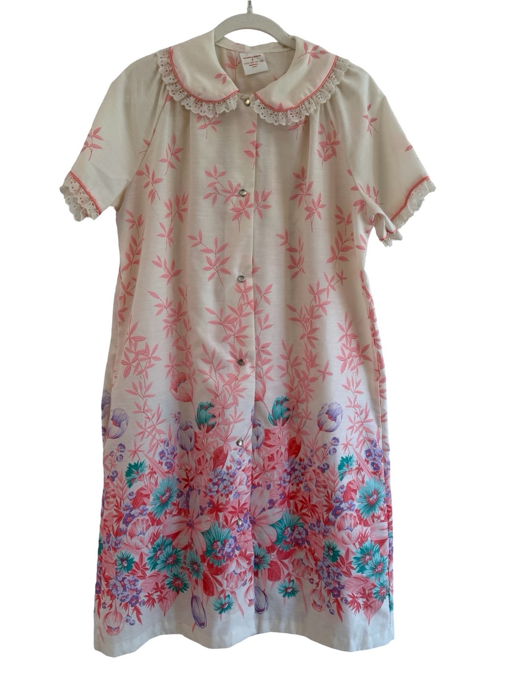 Vintage Floral House Dress Peter Pan Collar Snap Front USA Made M/L